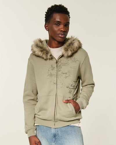 Hollister Feel Good Faux Fur Trim Zip-Up Graphic Hoodie