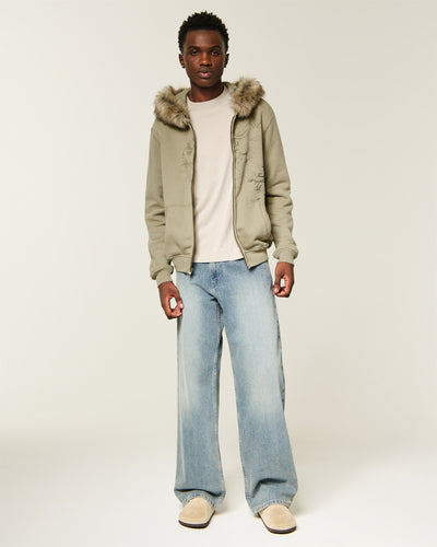 Hollister Feel Good Faux Fur Trim Zip-Up Graphic Hoodie