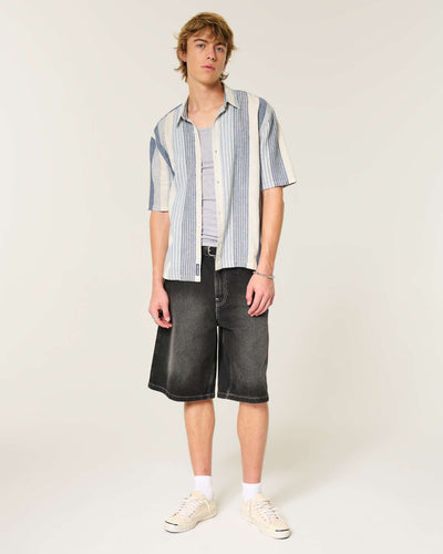 Boxy Short-Sleeve Textural Stripe Shirt