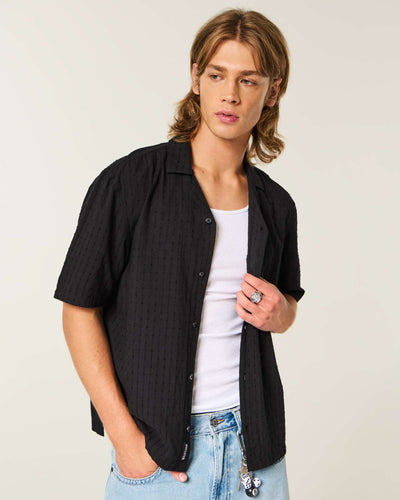 Boxy Short-Sleeve Textural Cotton Shirt