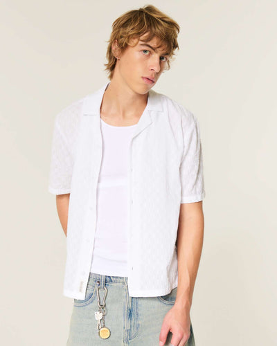 Boxy Short-Sleeve Textural Cotton Shirt
