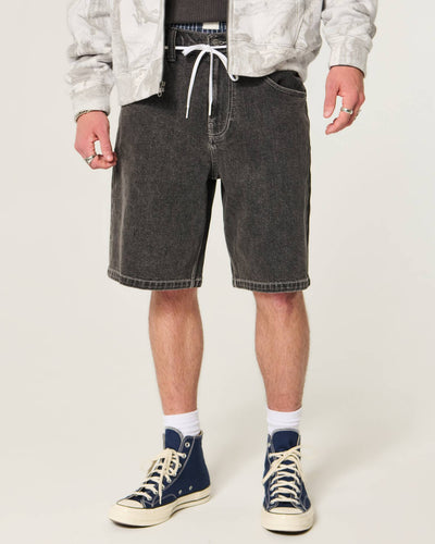 Washed Black Tiger Embroidery Baggy Jean Shorts
