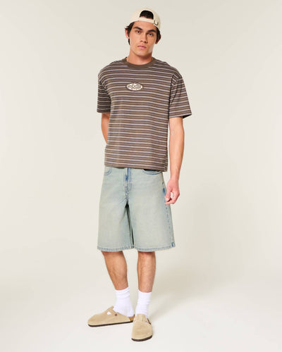 Light Wash Spider Web Embroidered Super Baggy Jean Shorts