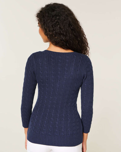 Three-Quarter Sleeve Cable-Knit V-Neck Sweater