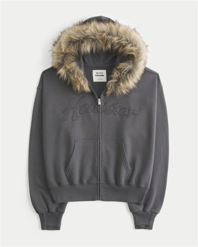 Hollister Feel Good Faux Fur Trim Logo Zip-Up Hoodie