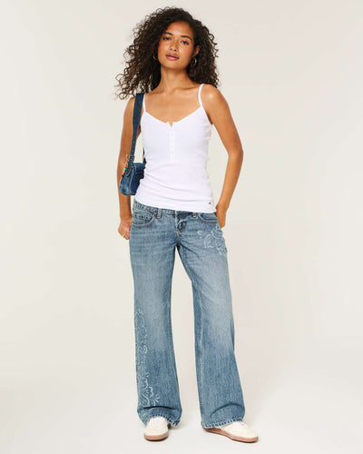 Ultra Low-Rise Medium Wash Floral Print Baggy Jeans
