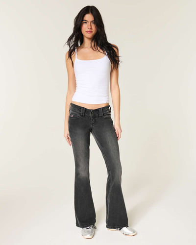 Adjustable Waist Ultra Low-Rise Washed Black Back Buckle Flare Jeans