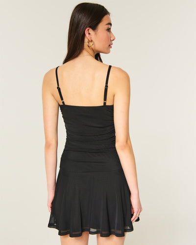 Ruched Mesh Tie Waist Dress